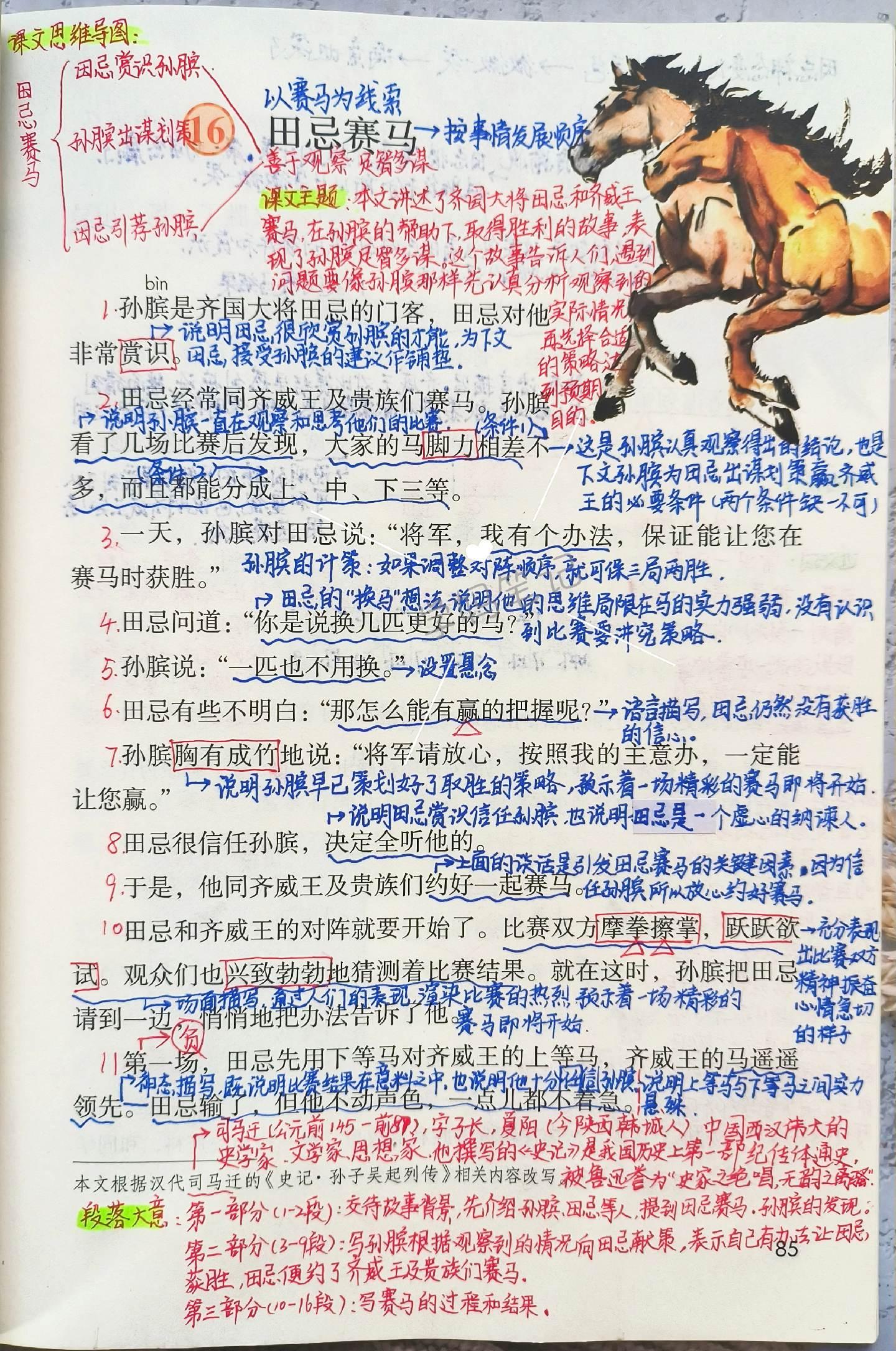 五下语文课堂笔记-16。第16课《田忌赛马》讲述了秦国大将田忌与齐威王赛马，在孙膑的帮助下取得胜利的故事，表现了孙膑的足智多谋，这个故事也告诉我们，遇到问题要向孙膑那样认真分析观察到的实际情况，再选择合适的策略，以期达到预期目的。