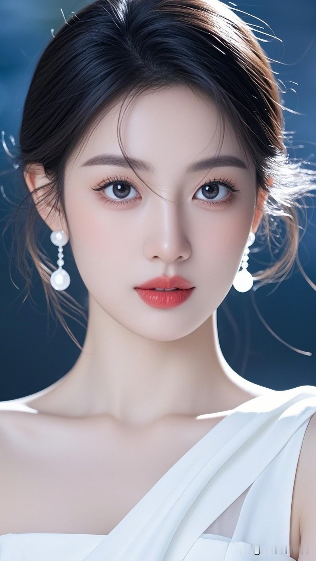 月华如练，美人如玉。美少女美景分享 优雅女神，红唇白裙，闪耀耳环，气质满分！