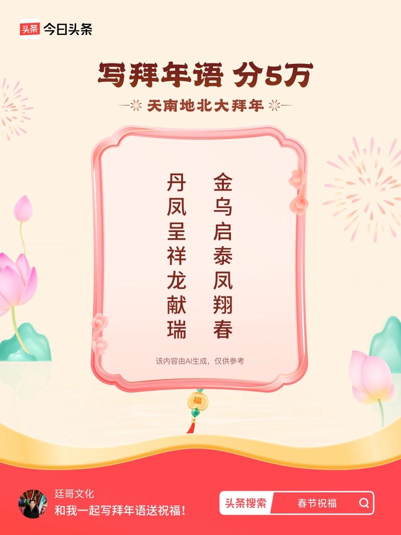 写拜年语送祝福新春拜年送祝福！我的祝福是：“丹凤呈祥龙献瑞，金乌启泰凤翔春”！快