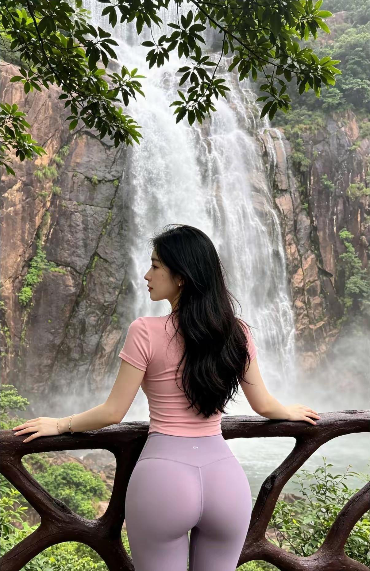 美女凭栏而立，静赏山间飞瀑流泉，气定神闲。