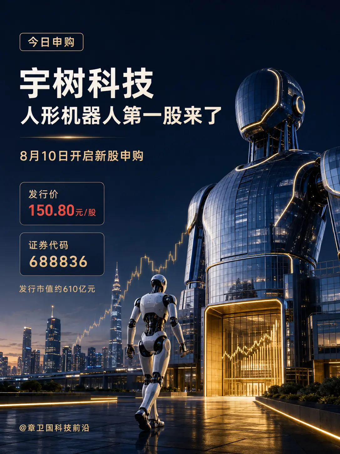 宇树科技，今天开抢！150.80元/股，市值约610亿元。“人形机器人...