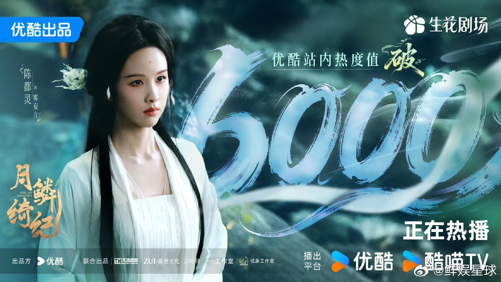 月鳞绮纪热度破6000 鞠婧祎曾舜晞陈都灵田嘉瑞《月鳞绮纪》优酷站内热度破600