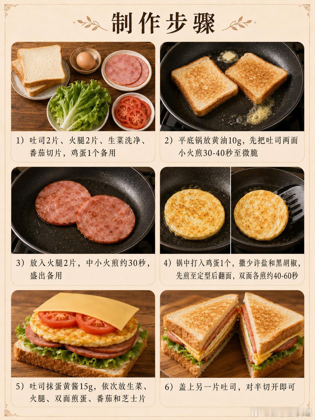 火腿鸡蛋三明治。这款三明治适合做早餐或轻食，一份用吐司、火腿、双面煎蛋、芝士和生
