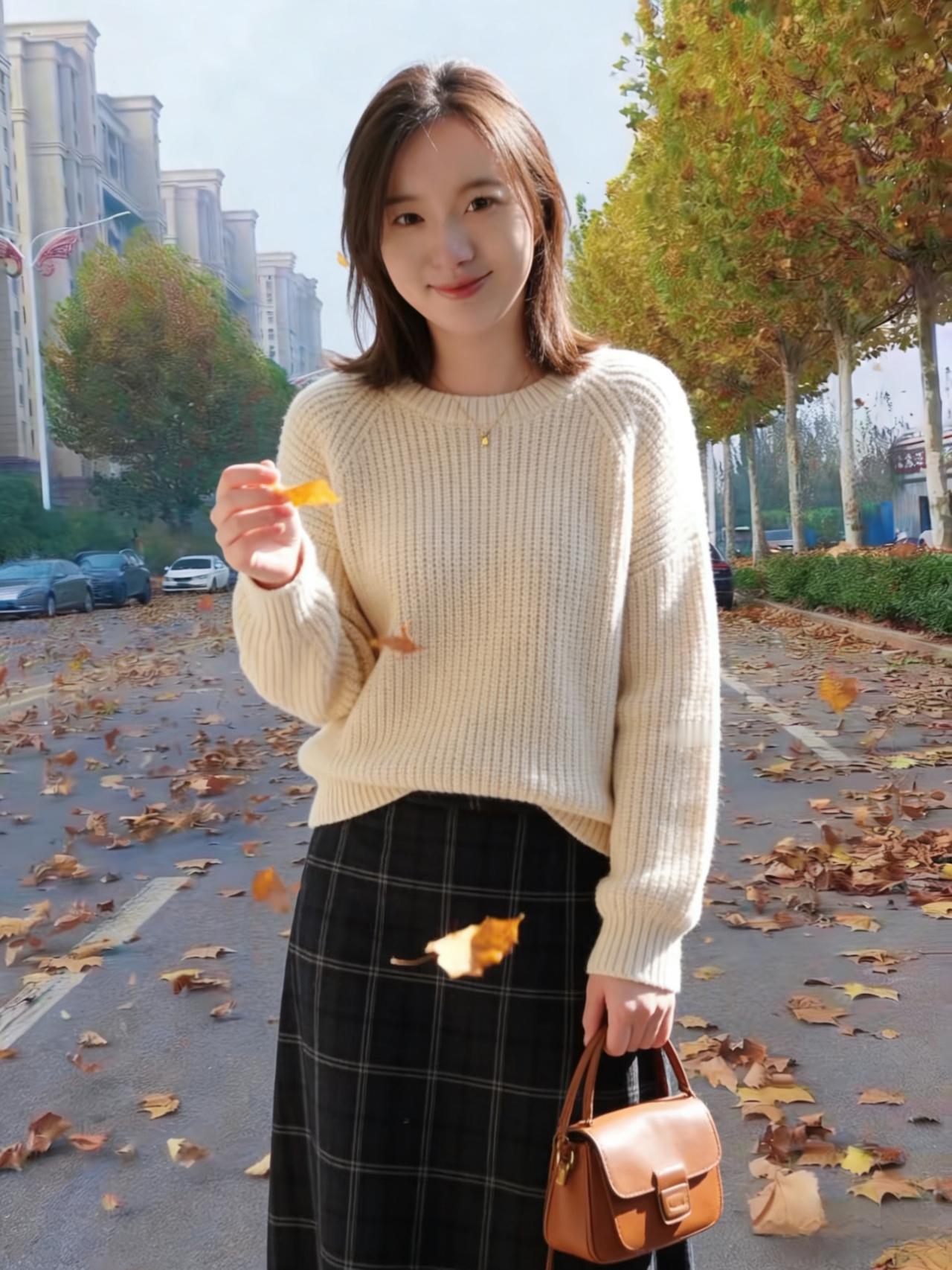 米衫灰裙衬娇容，笑落秋街叶尽红。
最是风来轻拂袂，满身暖日胜春浓。