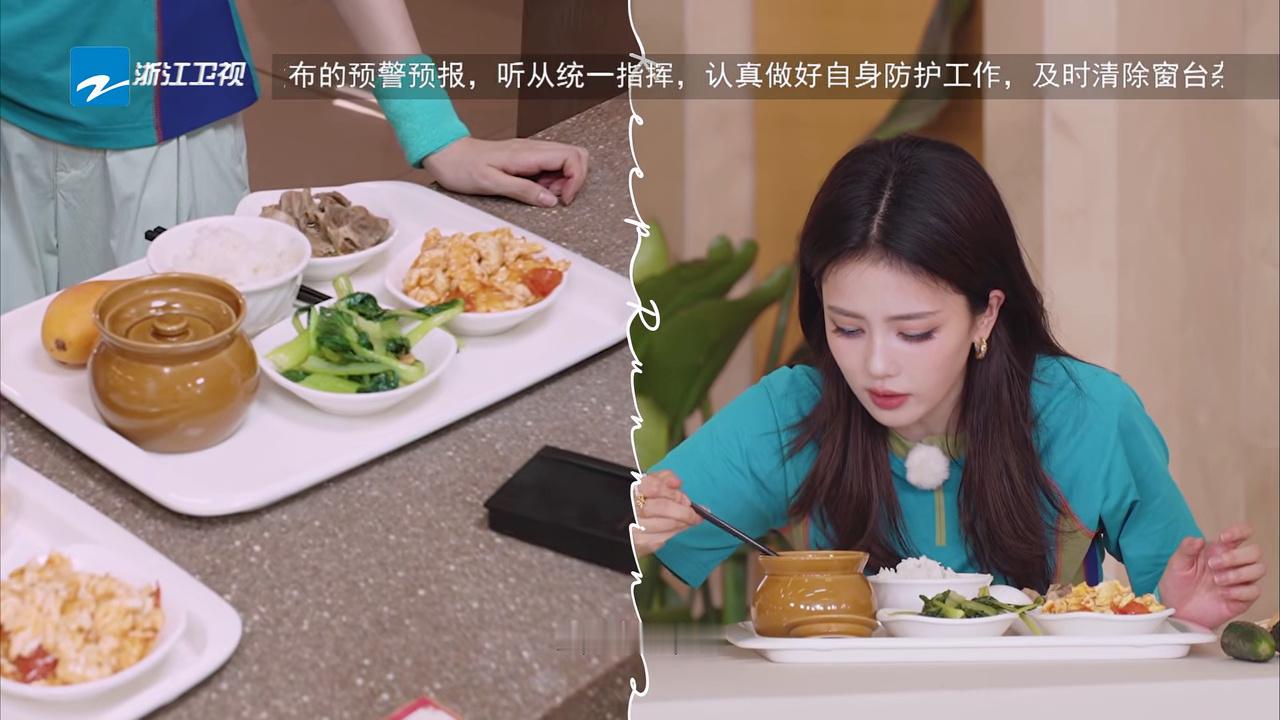 白鹿真的一如既往的健康饮食皮蛋瓦罐汤  大米饭 青菜 肉 西红柿炒鸡蛋 水果  