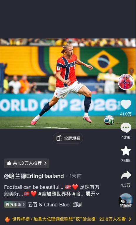 社会我哈哥，人狠话不多！
哈兰德最近几条抖音都是用的伍佰《挪威的森林》，你们真别