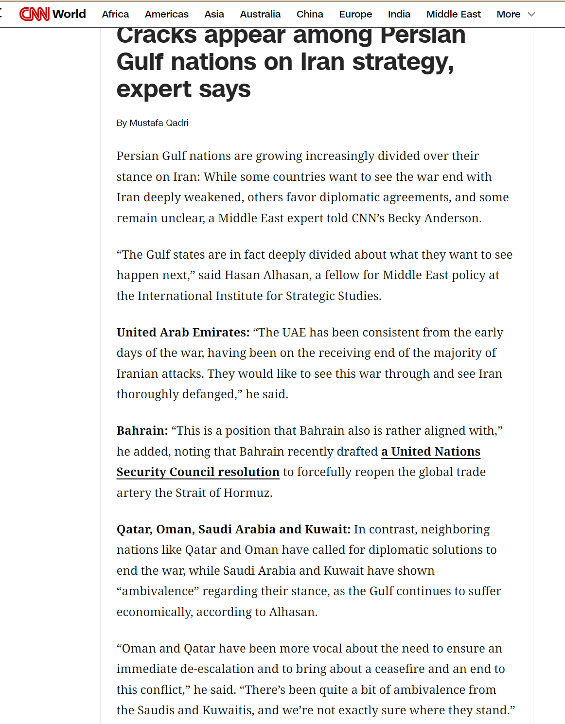 🔻CNN：波斯湾国家在伊朗问题上的立场日益分化。🔻一位中东问题专家告诉 CN