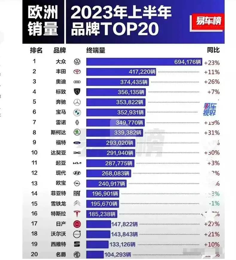 突然发现，国产汽车还有好远的路要走。看完2023年上半年汽车品牌在欧洲的销量排名