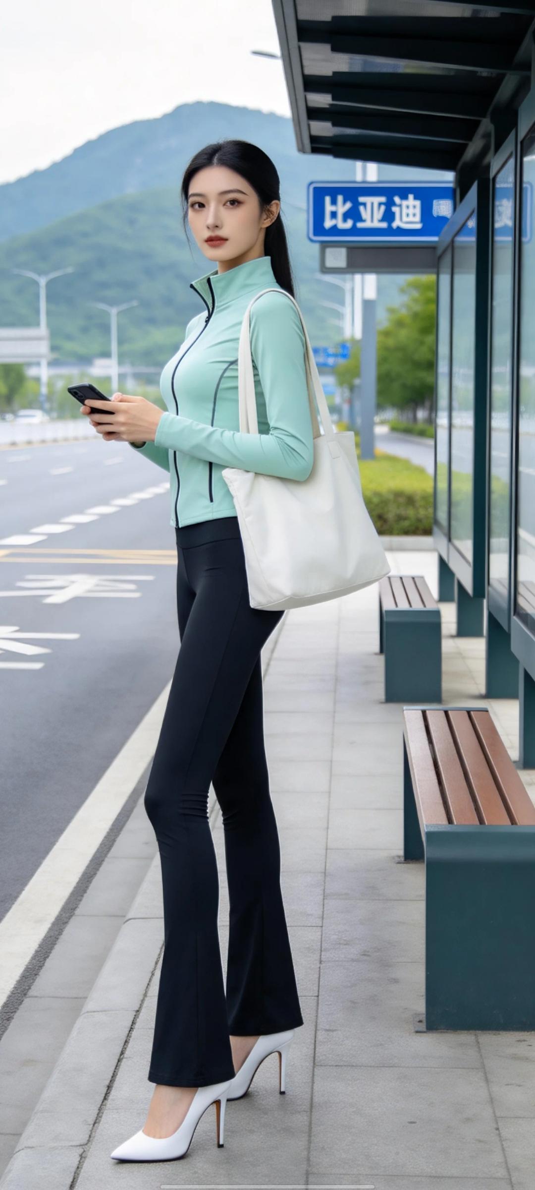 美女的美丽瞬间分享车站等公交的瞬间。