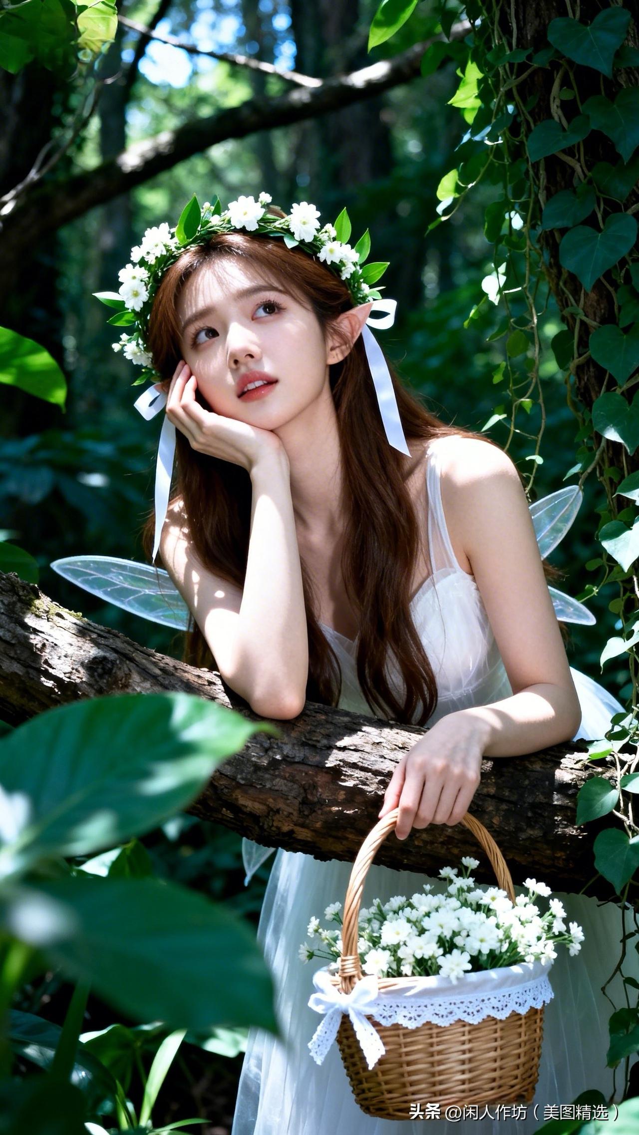 精灵少女在森林中发呆的样子