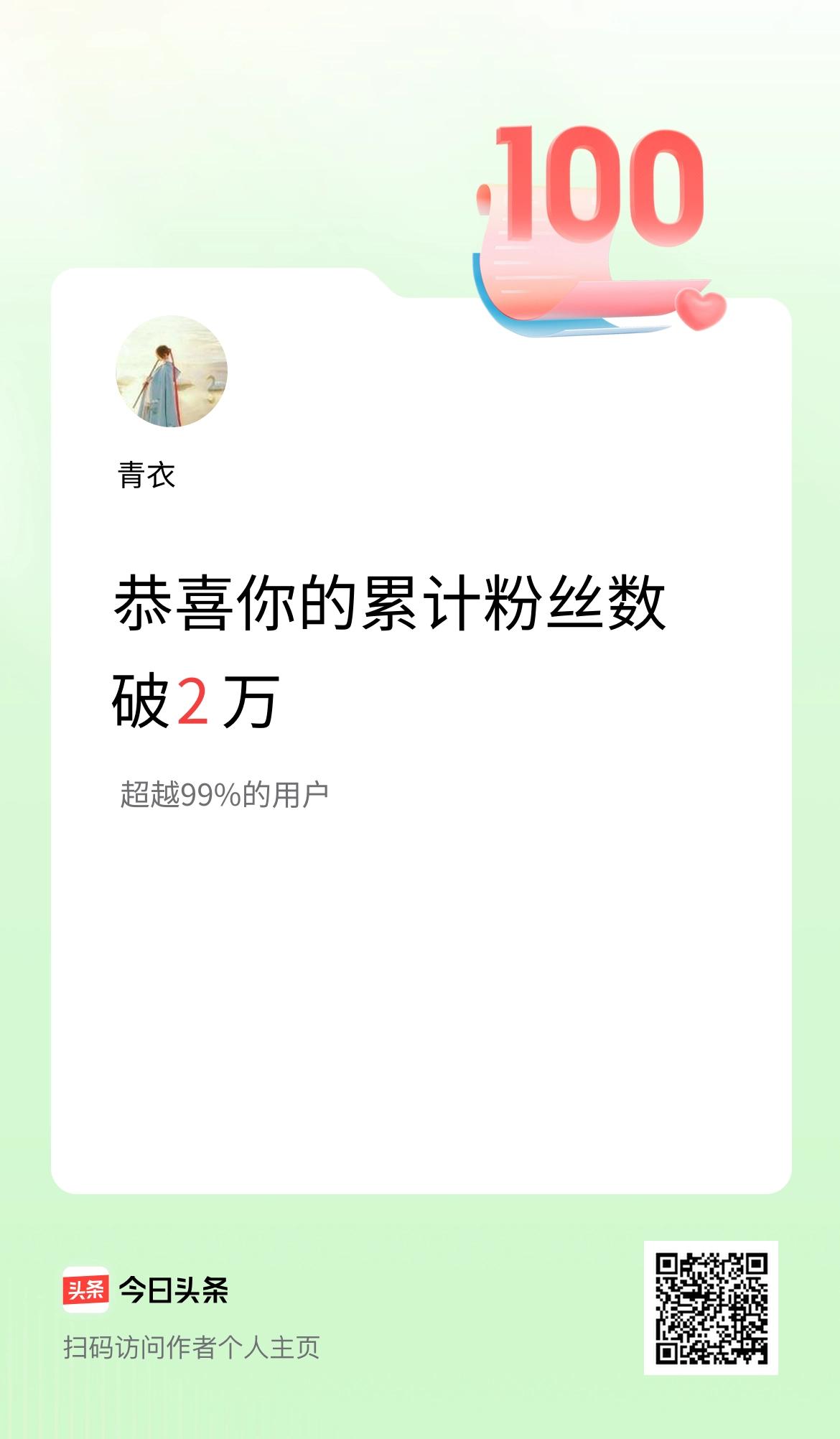 我在头条累计粉丝数破2万啦！