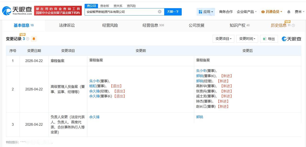 郭锐任智界汽车董事长

智界汽车换帅完成工商变更
天眼查App显示，近日，智界汽