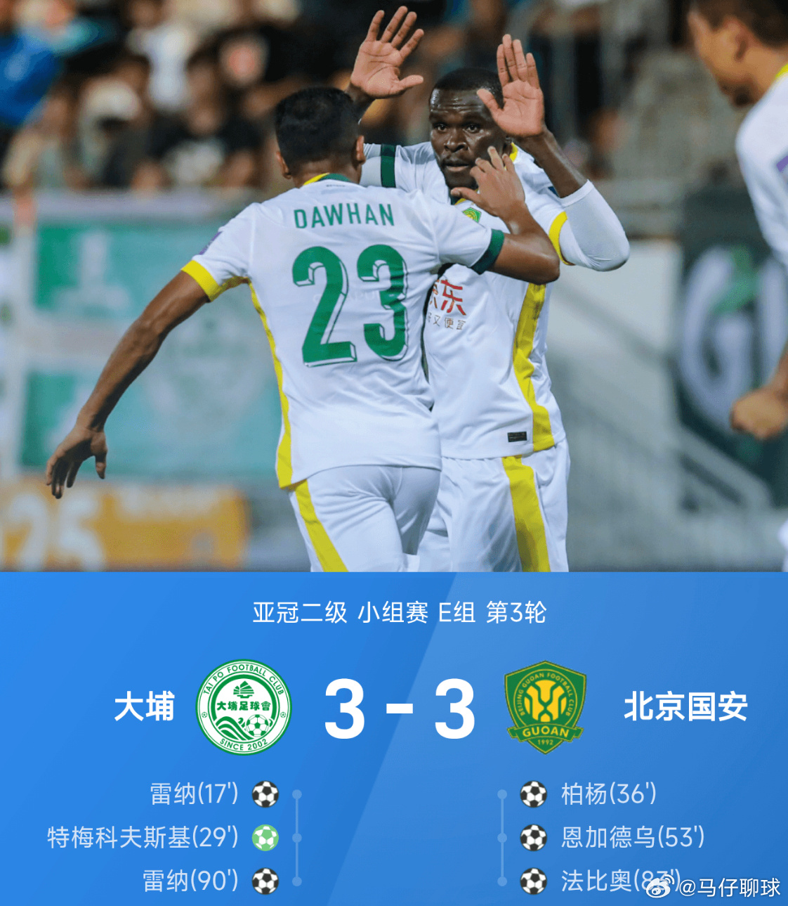 10月23日讯 亚冠二级联赛第3轮，北京国安客场3-3大埔遭绝平。赛后，大埔球员