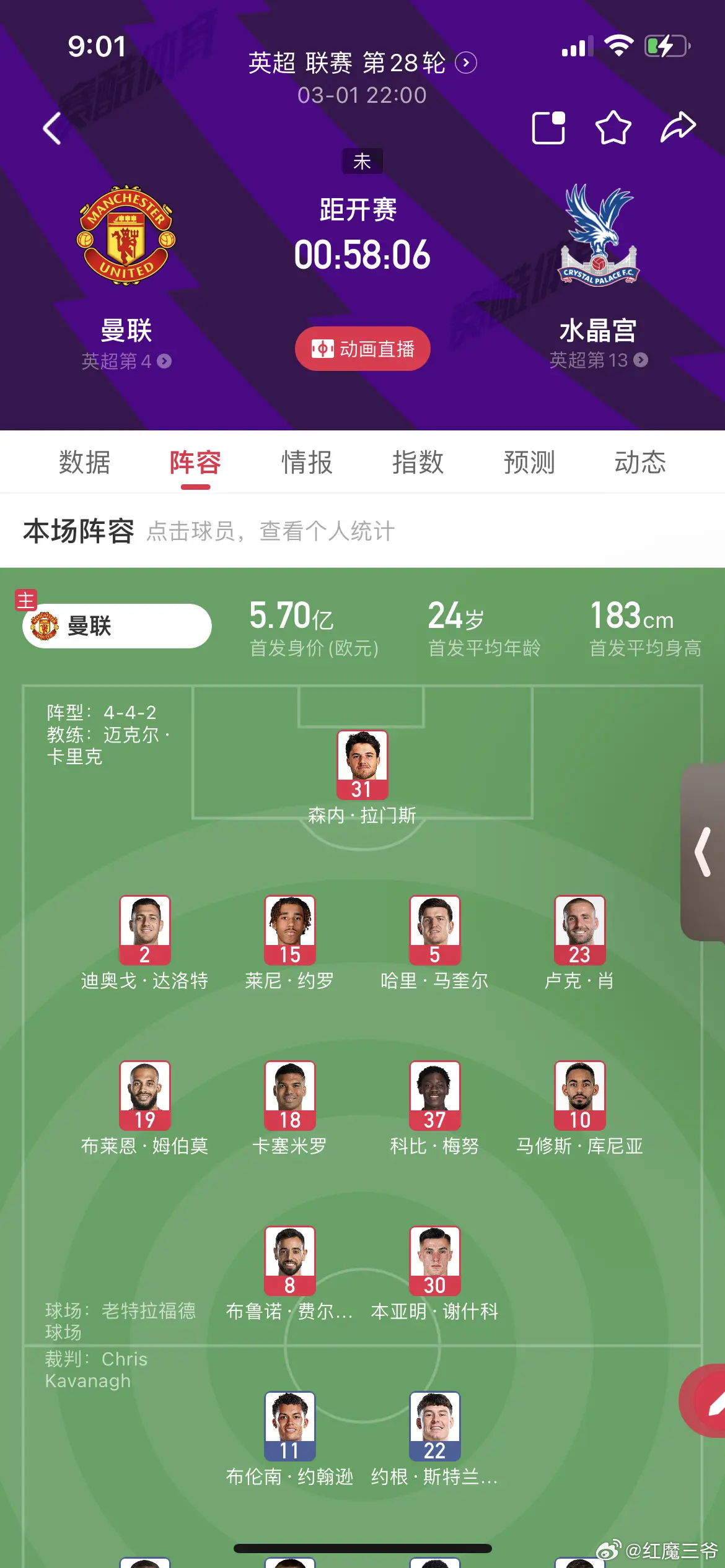 曼联首发阵容已发，看好曼联大胜 