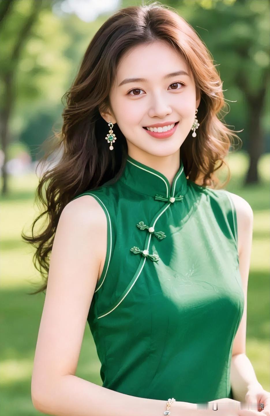 翠色旗袍勾勒曼妙身姿，林间光影斑驳，笑意温婉，尽显东方佳人的清丽与端庄。
