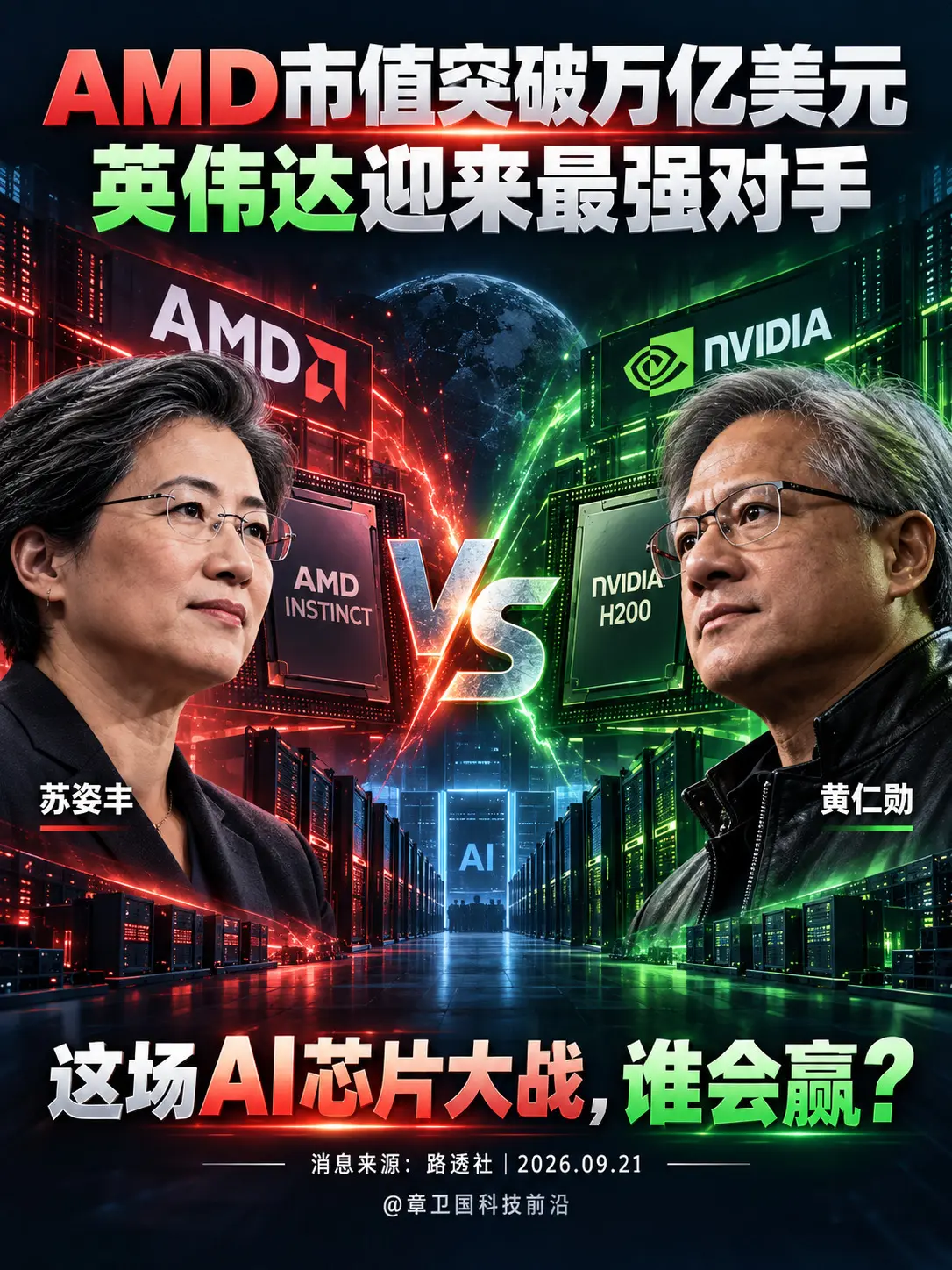 AMD市值破万亿 英伟达迎来最强对手。AMD市值首次突破1万亿美元，苏...
