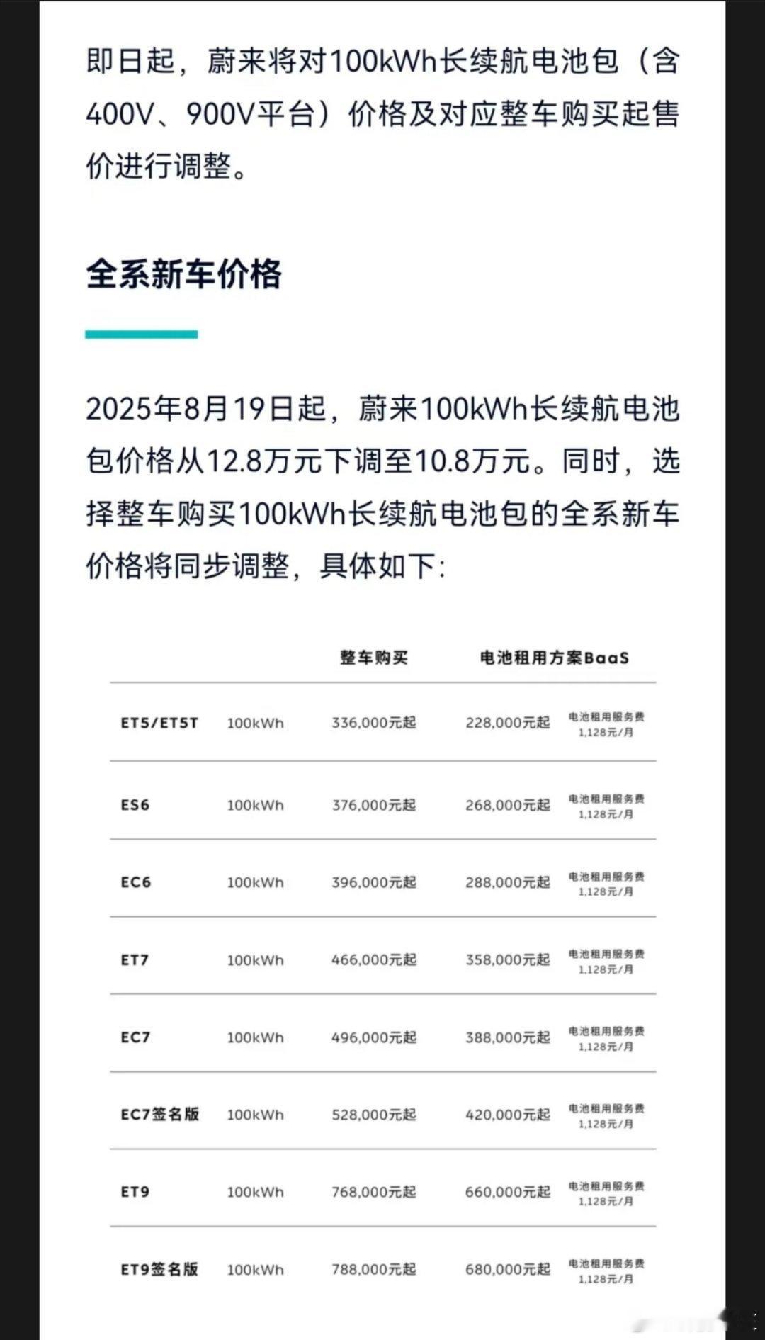 突发！蔚来汽车降价蔚来汽车今日宣布，自即日起对100kWh长续航电池包（含400