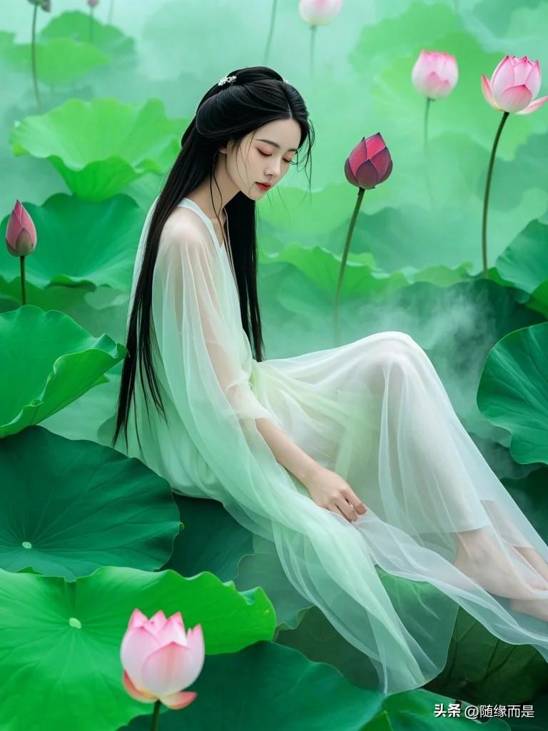 一位女子坐在荷塘边，仙气十足。
荷花美人图。