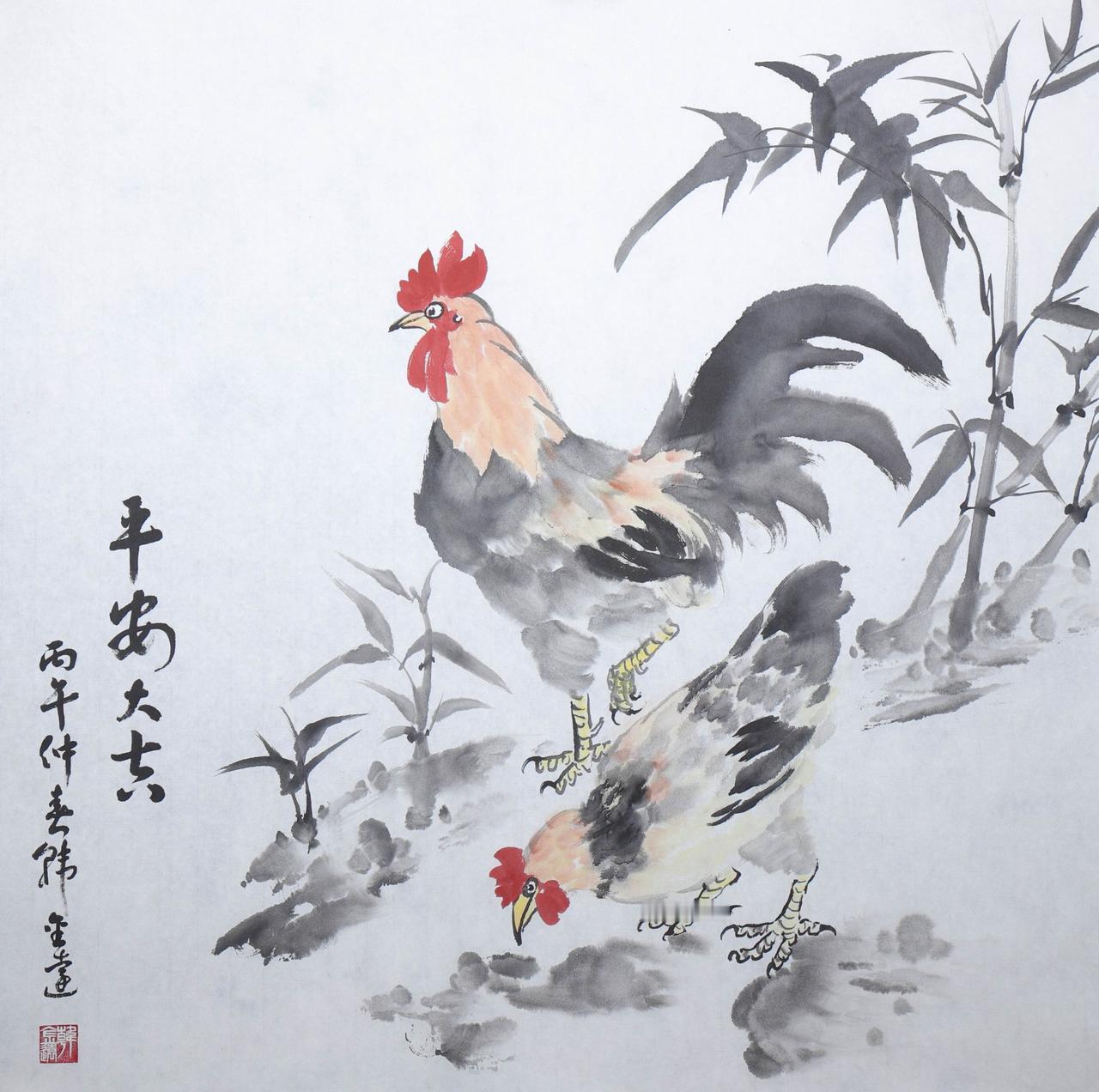 竹下双吉，平安入怀

案头这幅韩金远的《平安大吉》，四尺斗方，最是人间烟火里的好