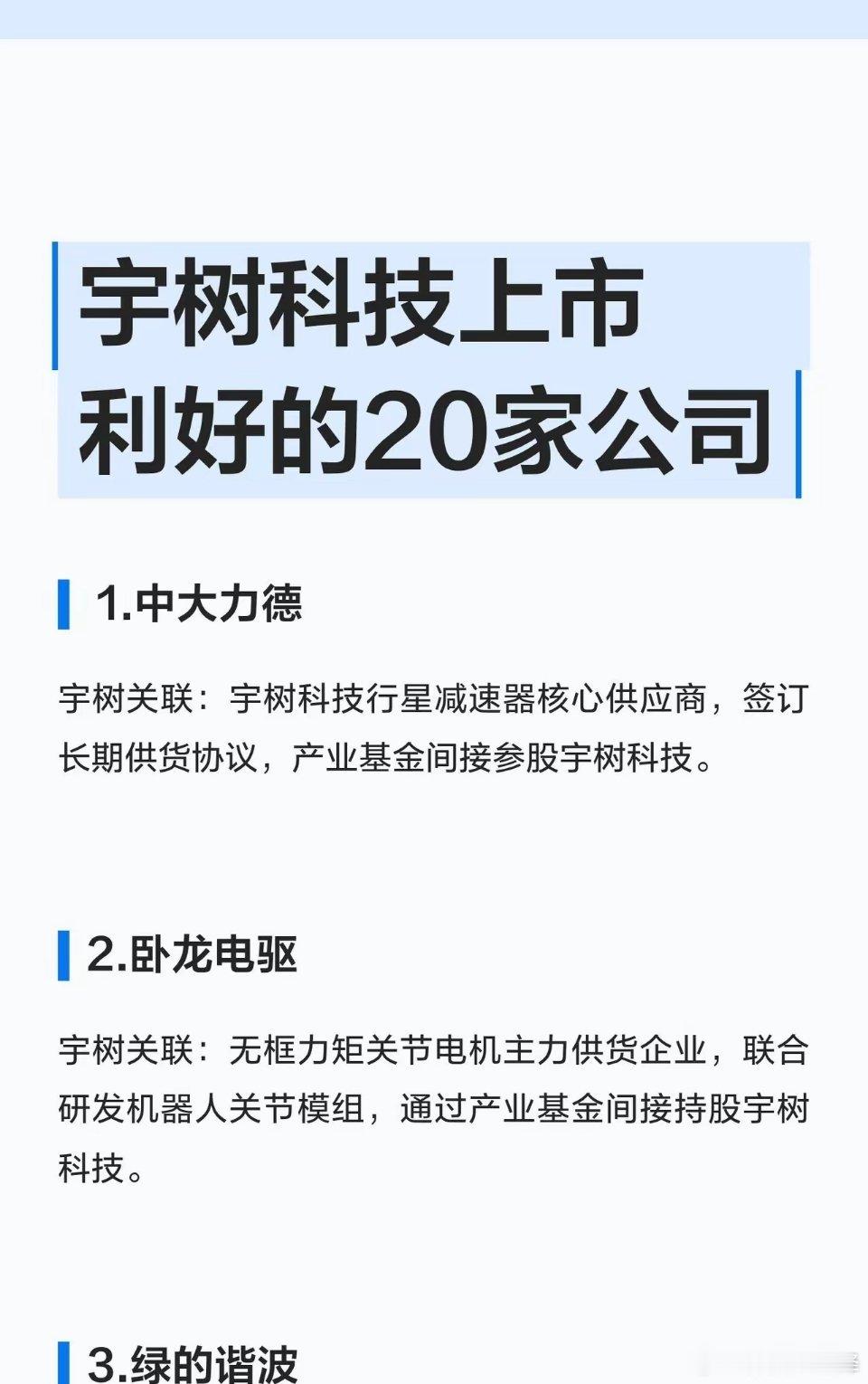 宇树科技上市  利好的20家公司1.中大力德宇树关联：宇树科技行星减速器核心供应