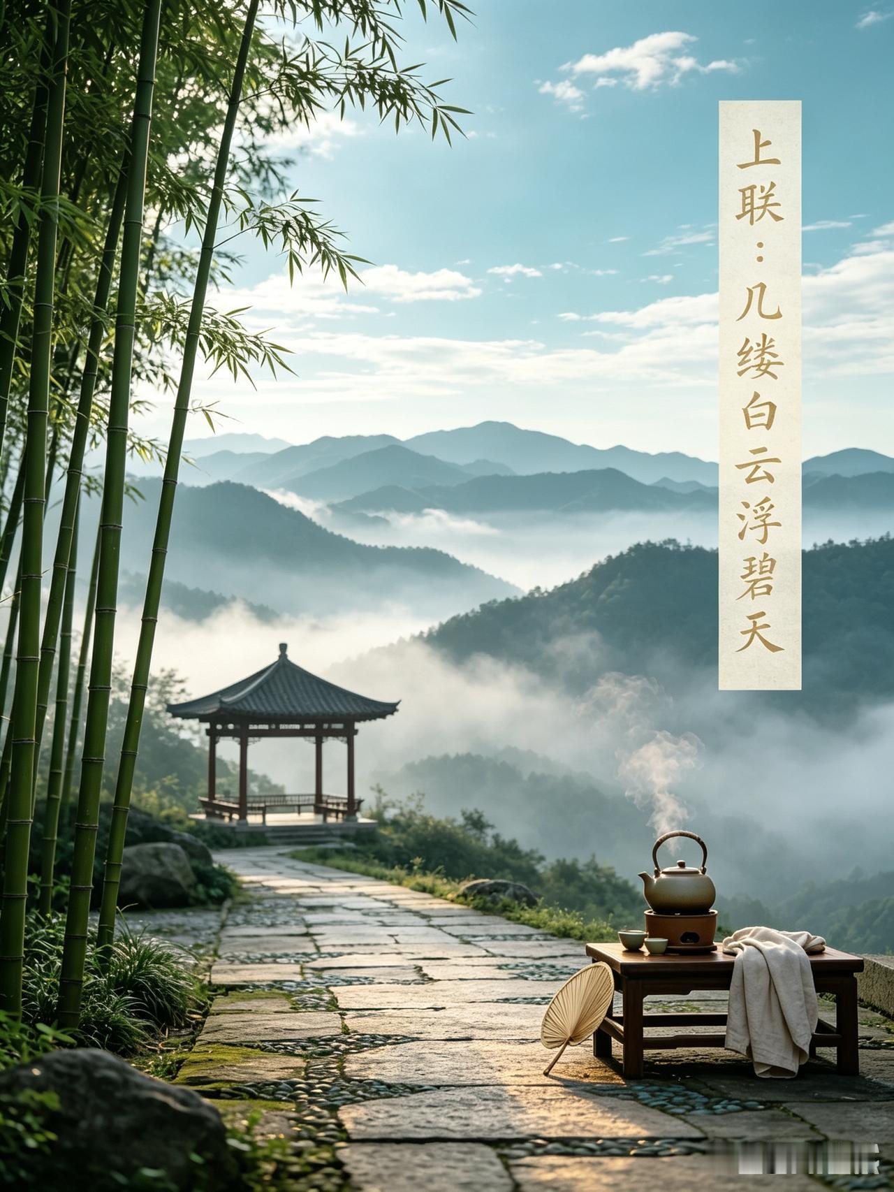 上联：几缕白云浮碧天
下联：？？？？？你请

闲来抬头仰望长空，触景生情构思出这