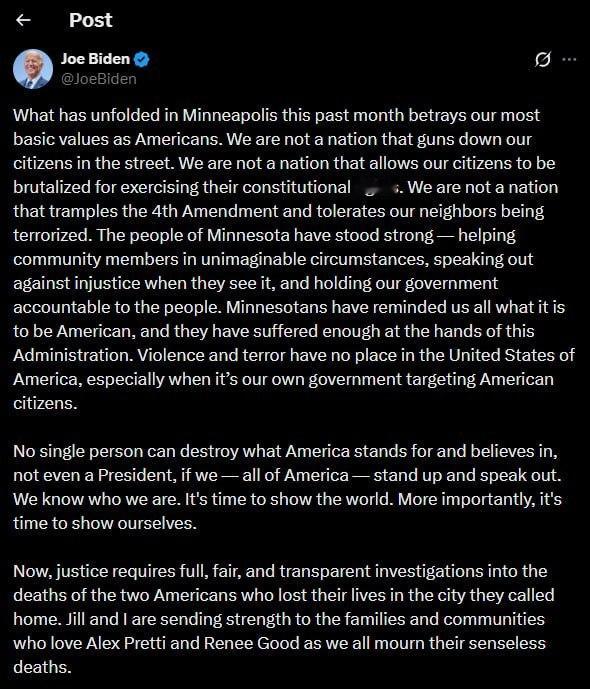 拜登就特朗普的移民特工当街枪杀美国公民的事件发声。“过去一个月在明尼阿波利斯发生