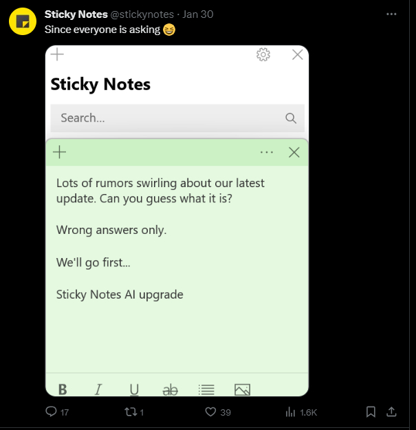 Sitcky Notes 也将获得 AI 更新 [并不简单][并不简单] ​​​