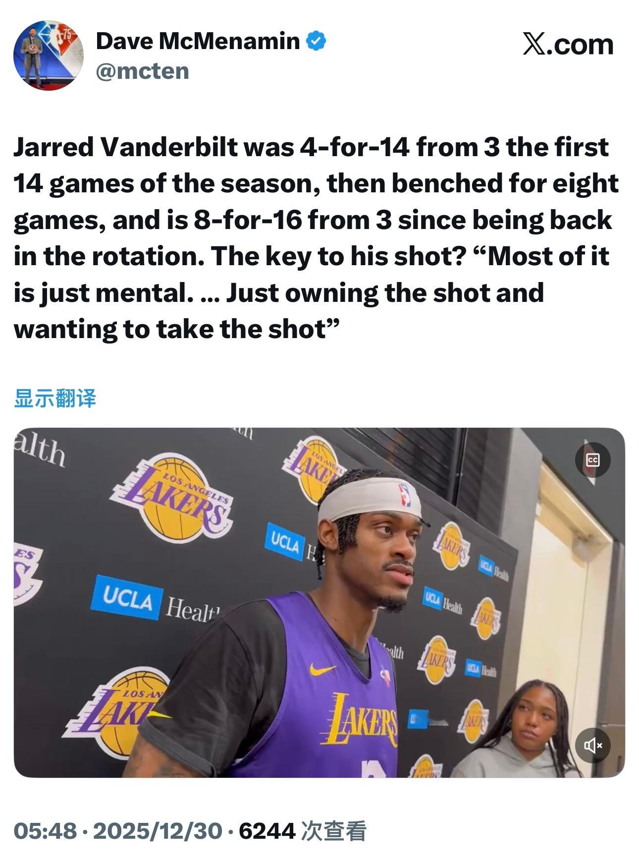 范德比尔特在本赛季前14场比赛中三分球14投4中，随后被DNP了8场比赛，而在重