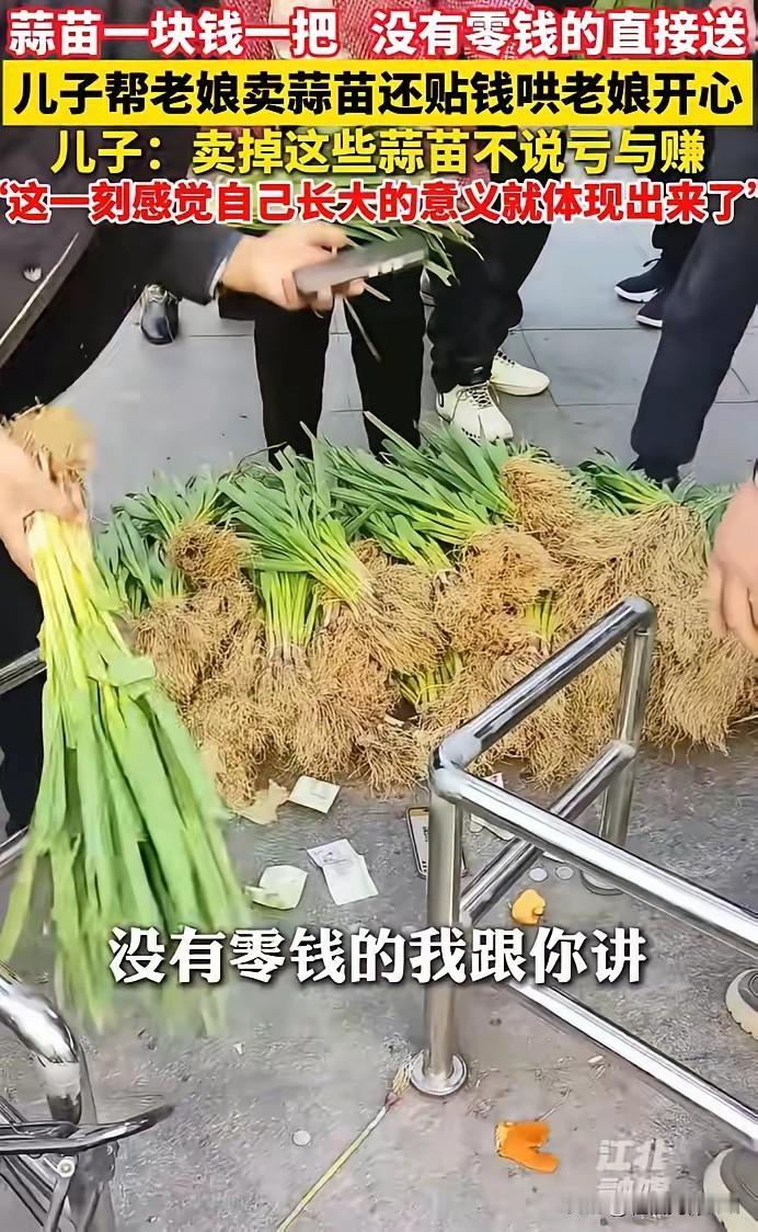 近日，安徽蚌埠，一老人自己种的蒜苗卖不出去，让儿子处理掉，儿子把蒜苗拉到街上来卖