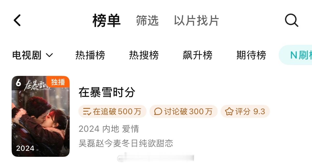 好🐮的长尾，吴磊在暴雪时分🐧n刷榜第6了！ 