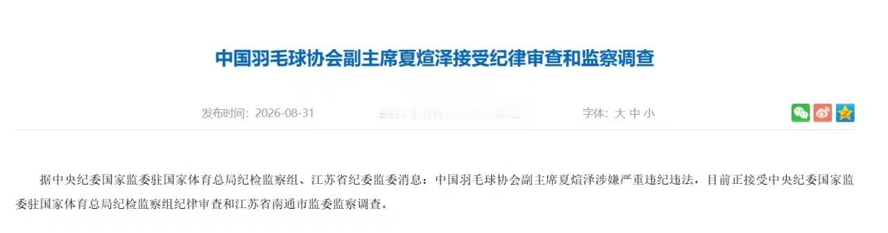 中国羽毛球协会副主席夏煊泽被查平时不太关注羽毛球，感觉字越少事越大。夏煊泽涉嫌严
