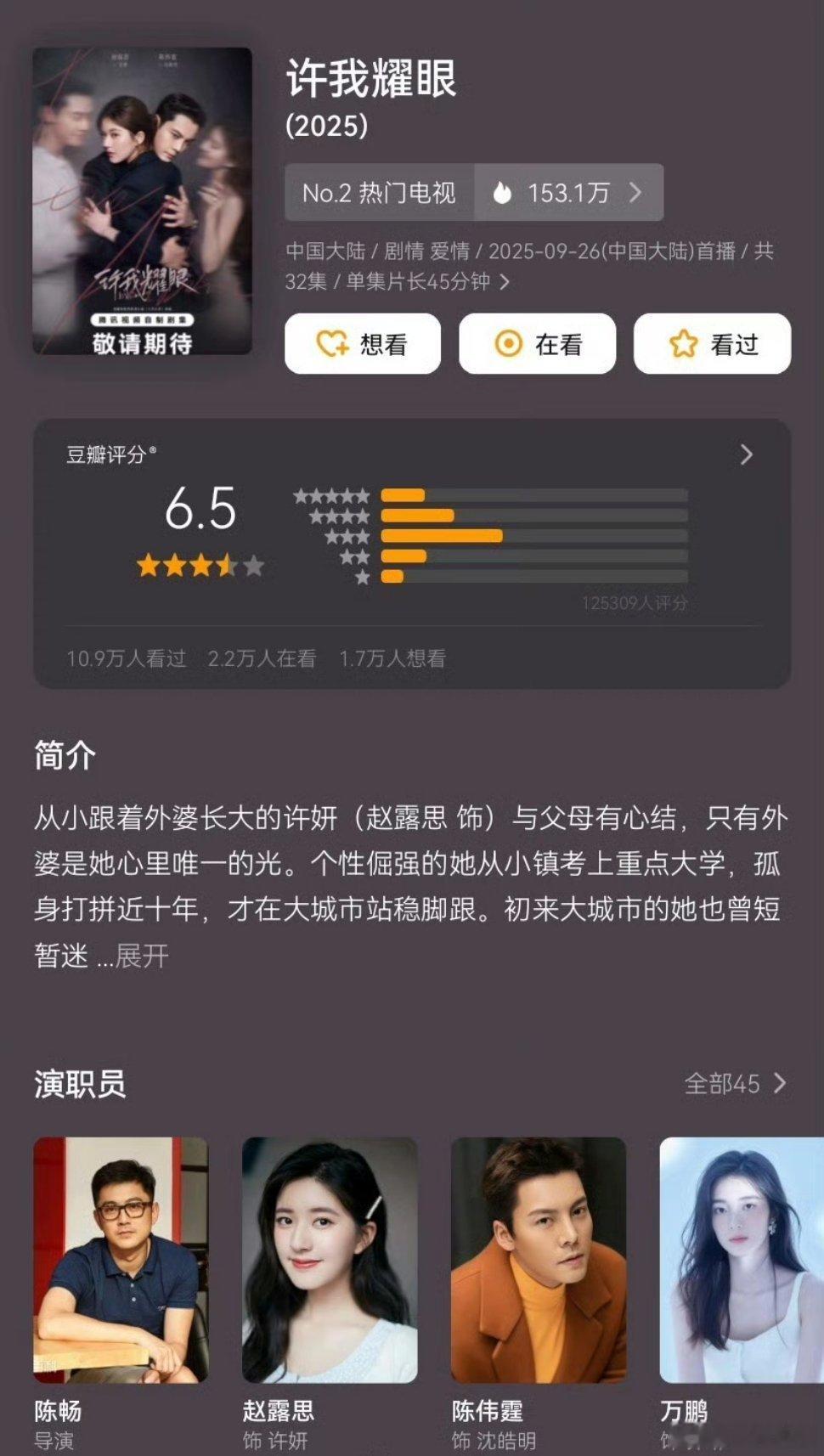 赵露思、陈伟霆主演的年度黑马大热都市剧《许我耀眼》豆瓣开分6.5    ，高了还