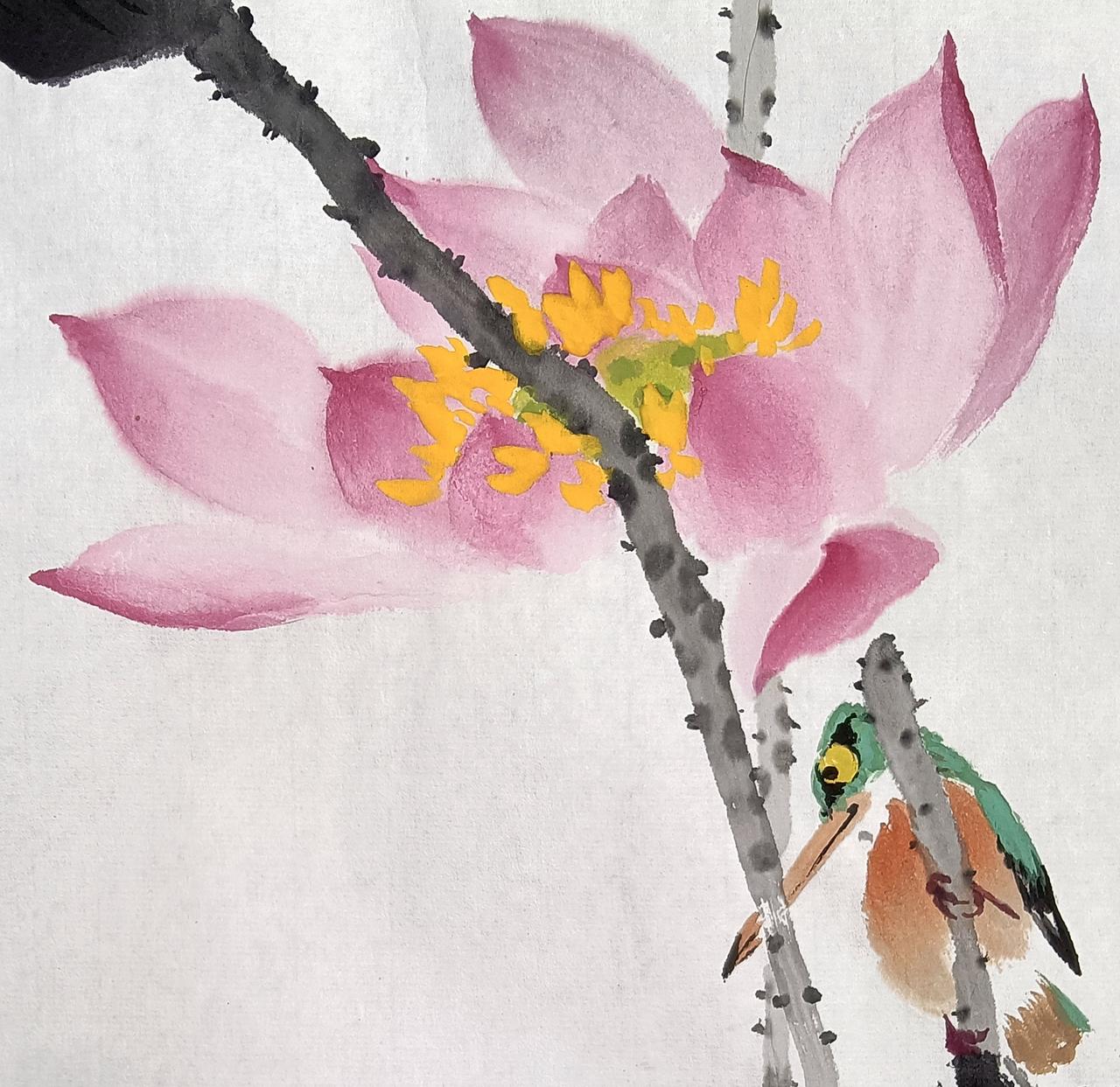 小写意荷花翠鸟
