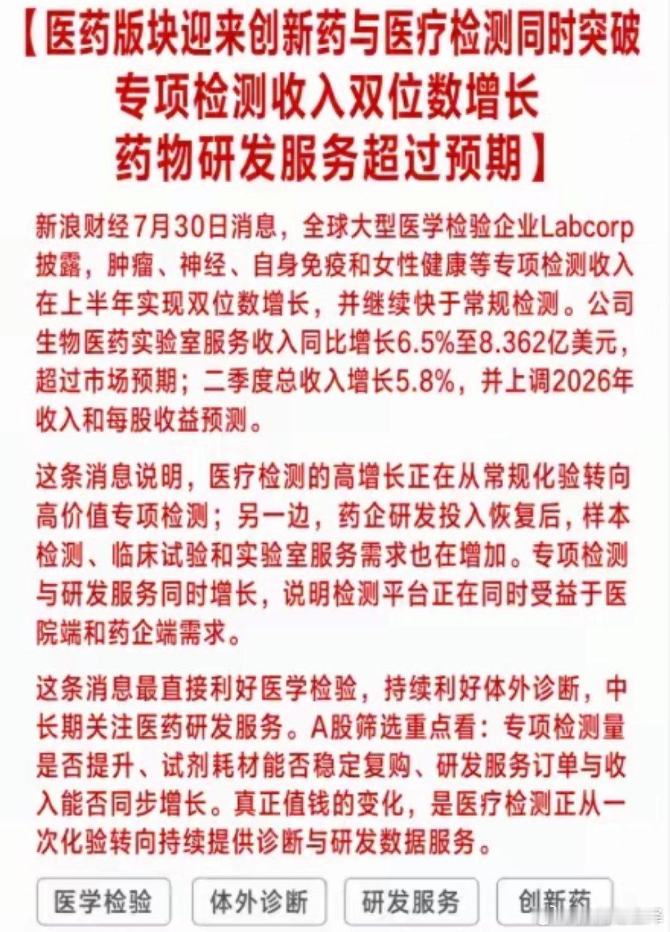 利好！大利好！医药版块迎来创新药与医疗检测同时突破！专项检测收入双位数增长，药物