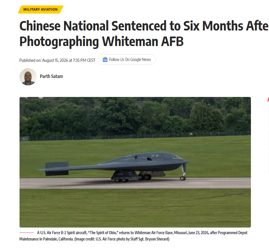 中国公民因非法拍摄怀特曼空军基地被判六个月监禁当局表示，吴某在警告后仍反复拍摄怀