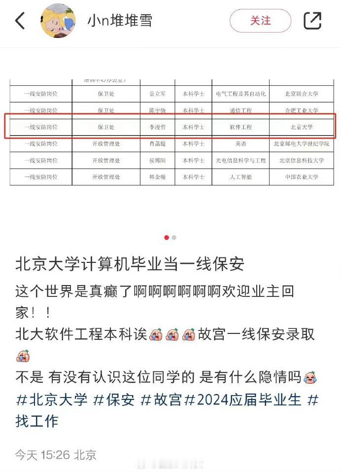 北大计算机毕业，去故宫保卫处了