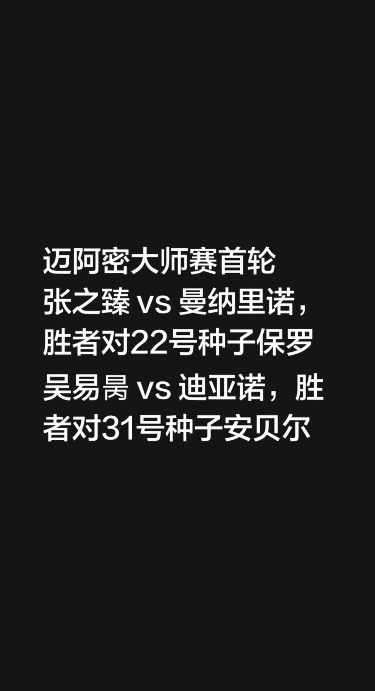 迈阿密大师赛单打签表：张之臻 vs 曼纳里诺，胜者对阵22号种子保罗吴易昺 vs