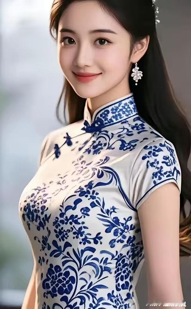 水仙子·青花雅韵
素绫裁玉绘青花，
领口描云缀素纱。
笑含春色凝娇姹，
银簪映雪