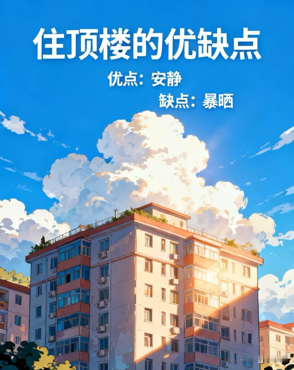 住顶楼的优缺点有哪些？
我先开个头，优点是安静，缺点是暴晒。
请大家在评论里补充