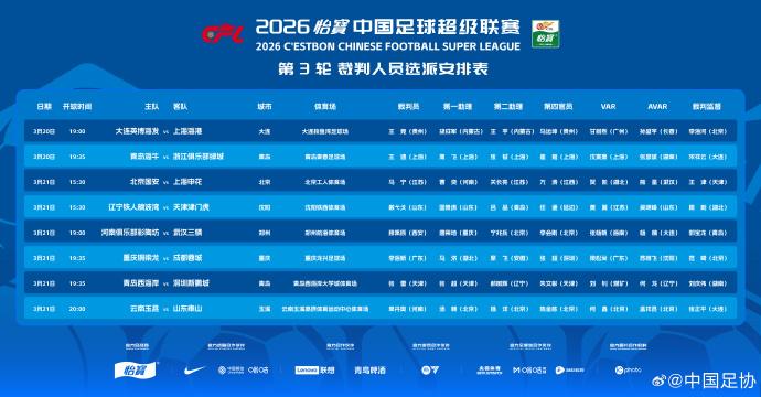 马宁主哨京沪大战

中超联赛第3轮将于3月20日至22日进行。中国足协20日上午