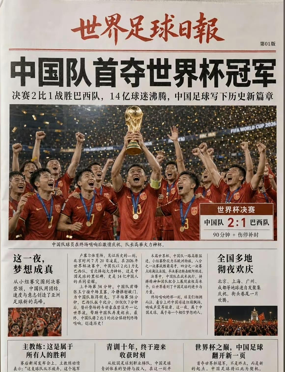 哈哈，网友恶搞，中国队2：1击败巴西首夺世界杯！[笑哭]