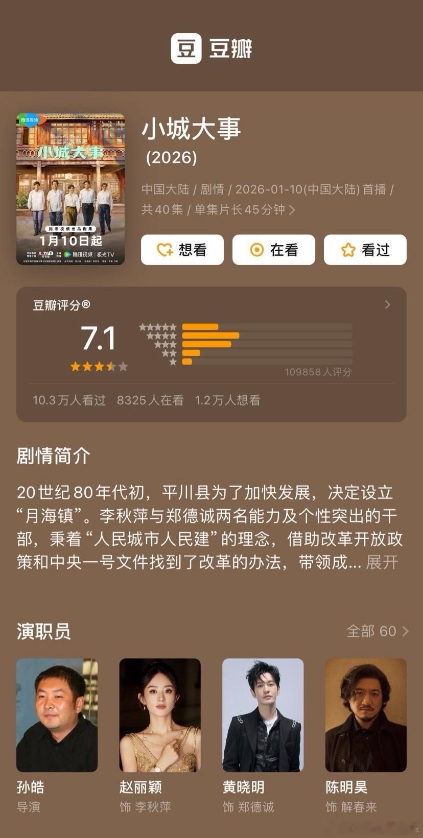 赵丽颖、黄晓明小城大事豆瓣开分7.1评分人数11万。高了低了？四⭐️占比最高33