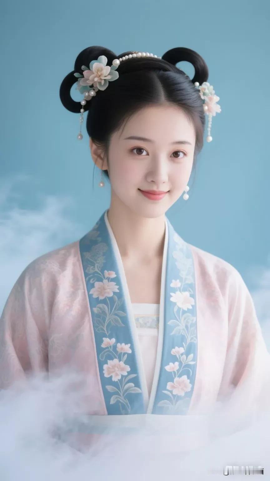 古风美人，云雾缭绕，花钿点缀，宛如仙子下凡。张立启原创书画AI作品古仕女发髻集锦