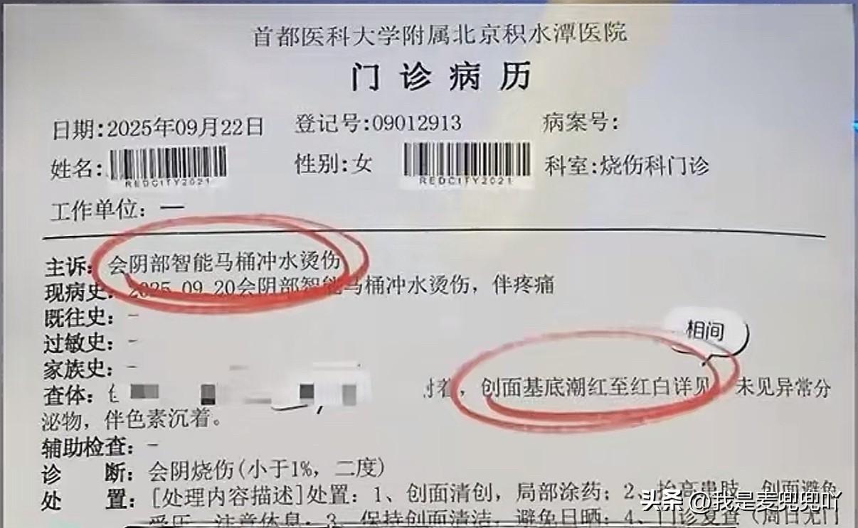 智能马桶突然喷出开水导致女子如厕时私处被烫伤（二度）

事发当天女子像往常一样上