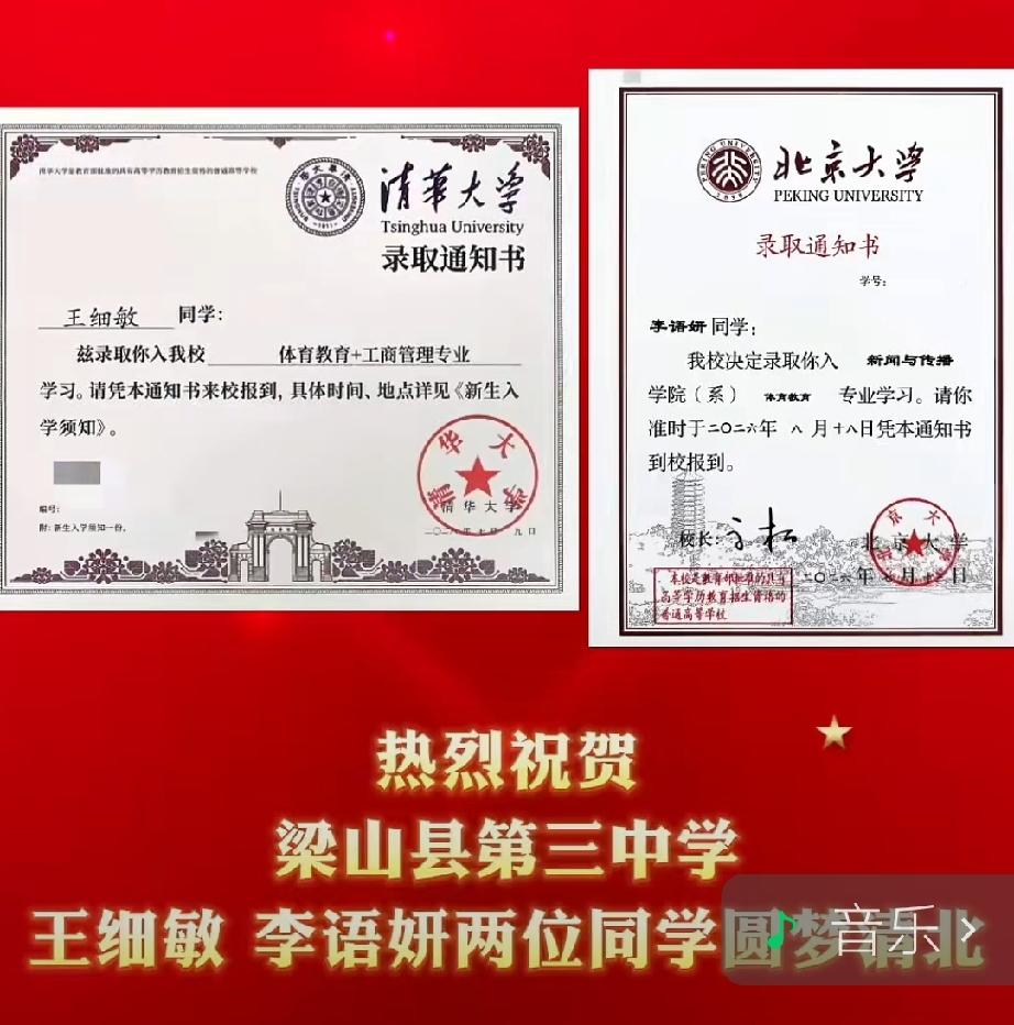 热烈祝贺梁山县第三中学王细敏、李语妍两位同学圆梦清华北大！