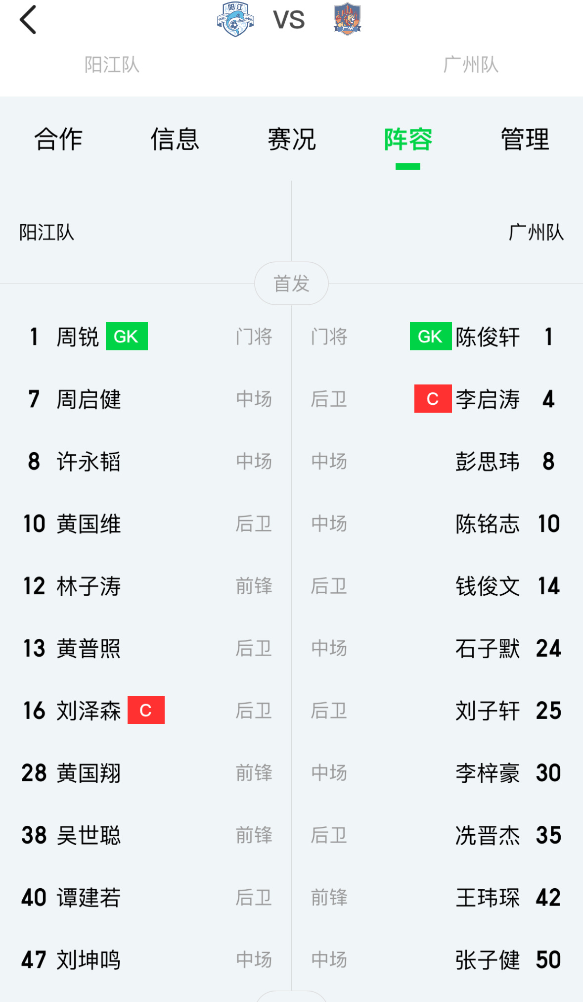 粤超阳江代表队vs广州代表队首发和替补 