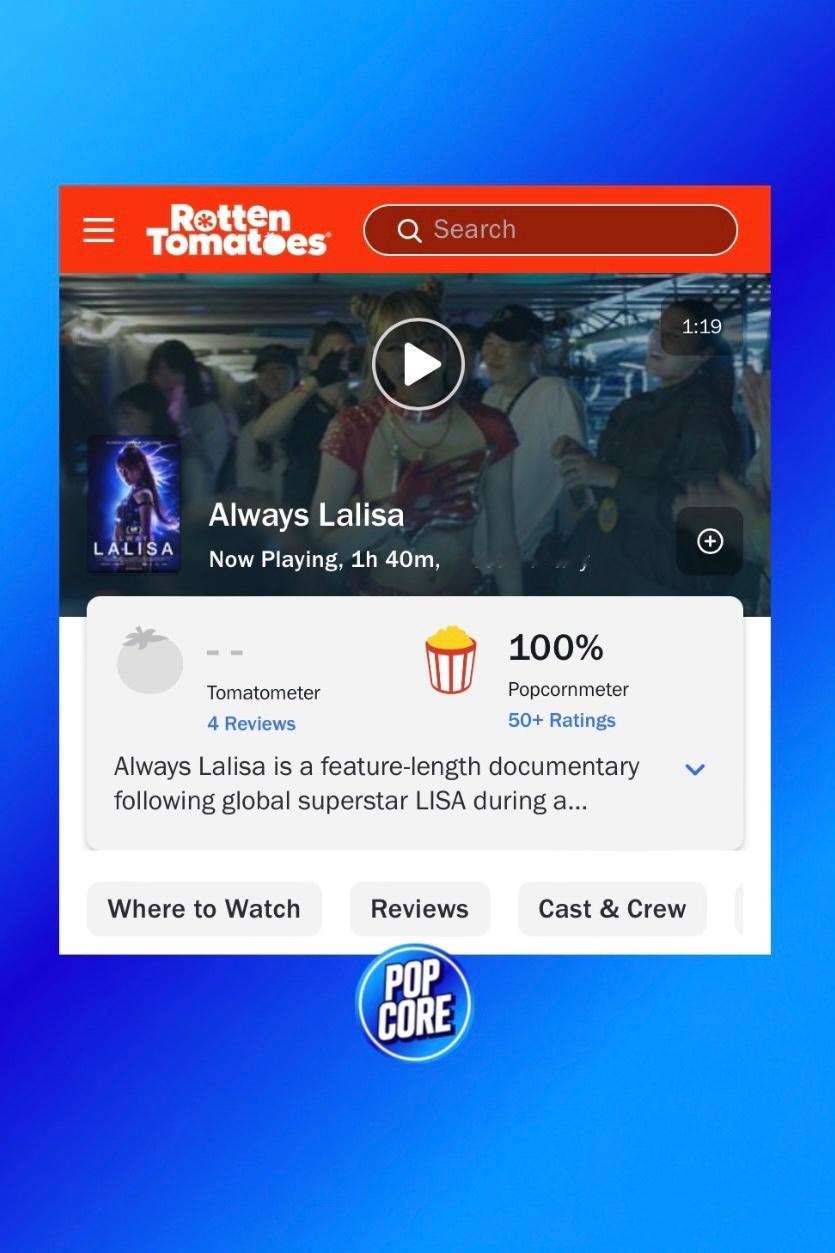 LISA纪录片《Always LALISA》正式首映，烂番茄爆米花指数拿下100