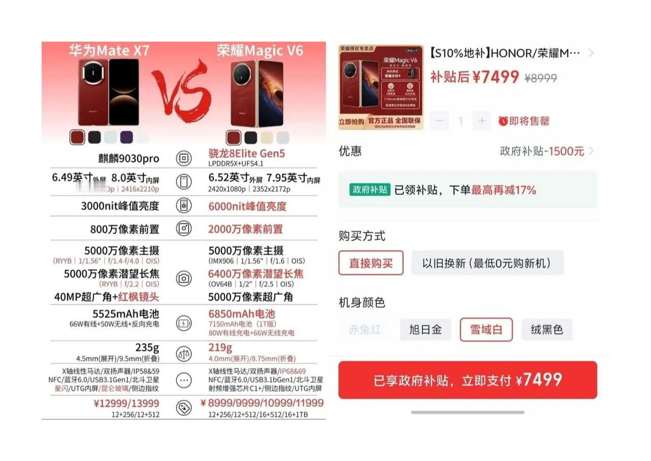 荣耀Magic V6降价了，补贴后7499起
但比价格更让友商睡不着的是另一组数