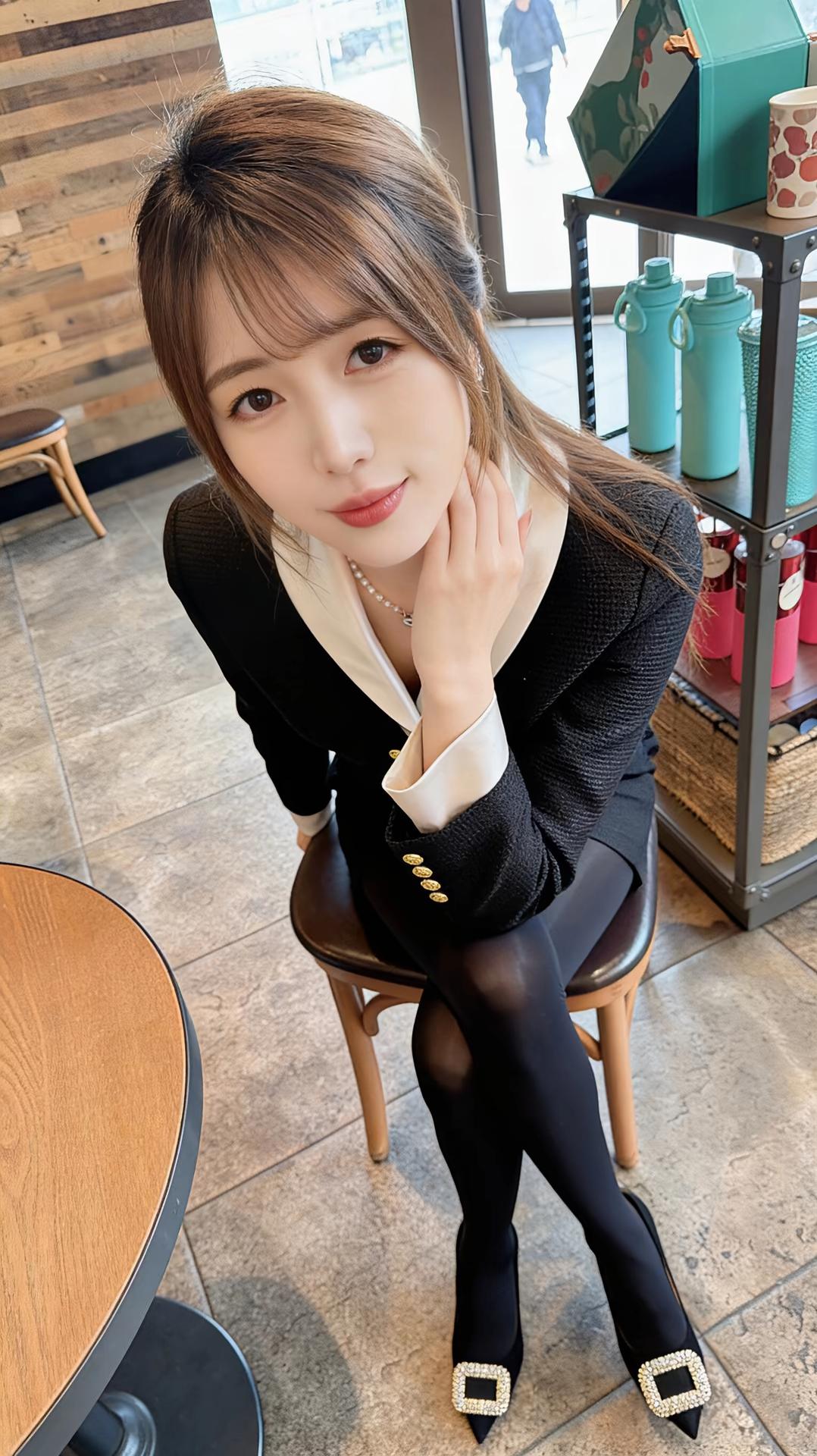 这张图片呈现的是一位女性在室内休闲场所（推测为咖啡馆）的场景，整体风格时尚且充满