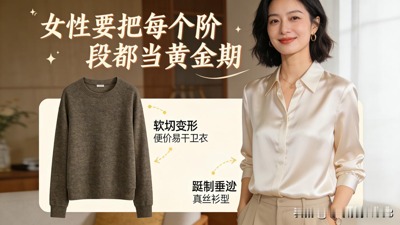 中年女性的衣柜，该给质感留位置。一件真丝衬衫的钱，比十件廉价 T 恤更值 。也是